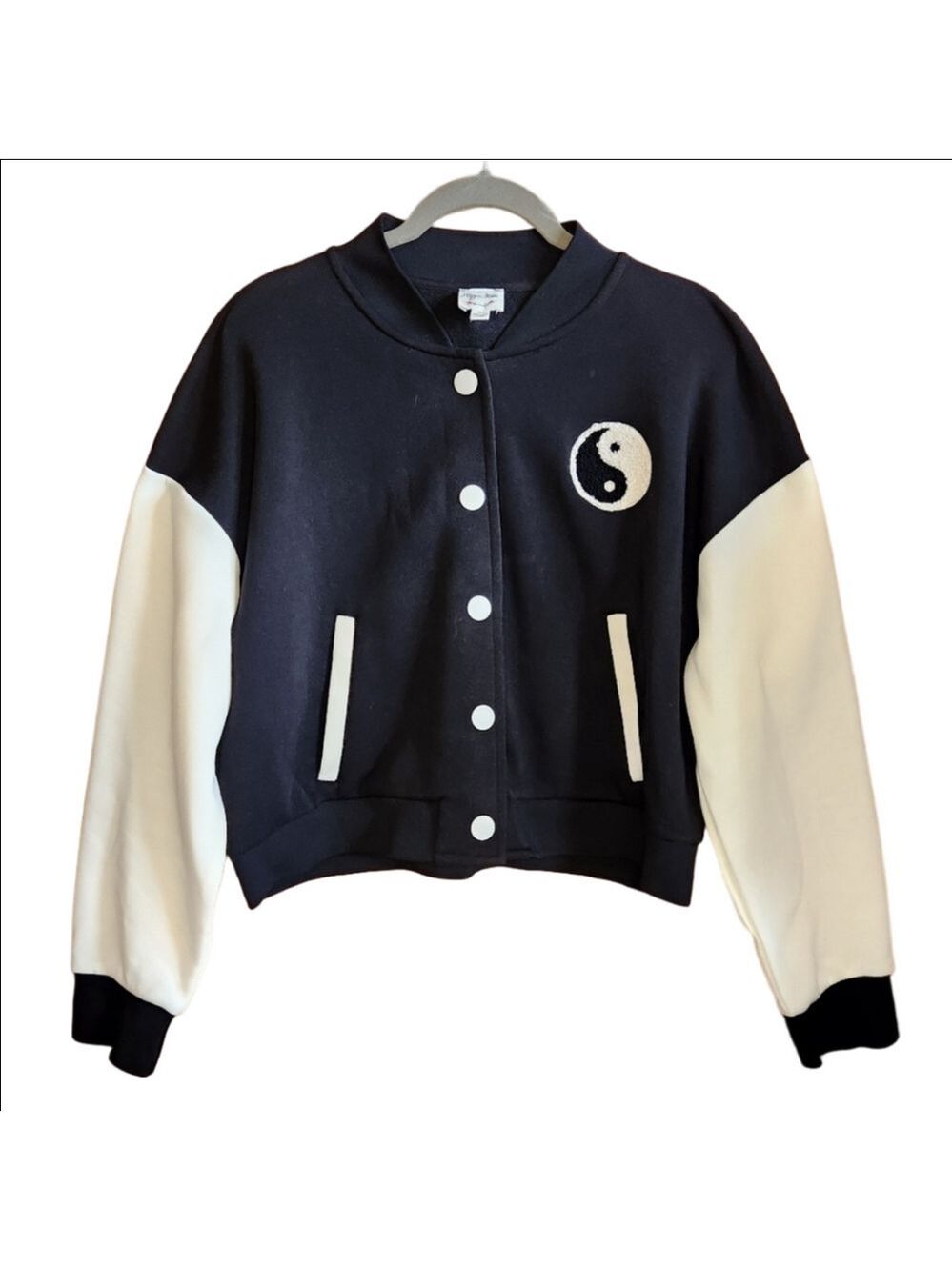 HIPPIE ROSE YIN YANG FLEECE BOMBER VARSITY STYLE JACKET COLORBLOCK LARGE EUC